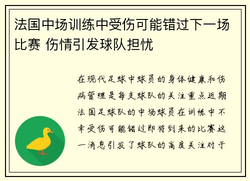 法国中场训练中受伤可能错过下一场比赛 伤情引发球队担忧